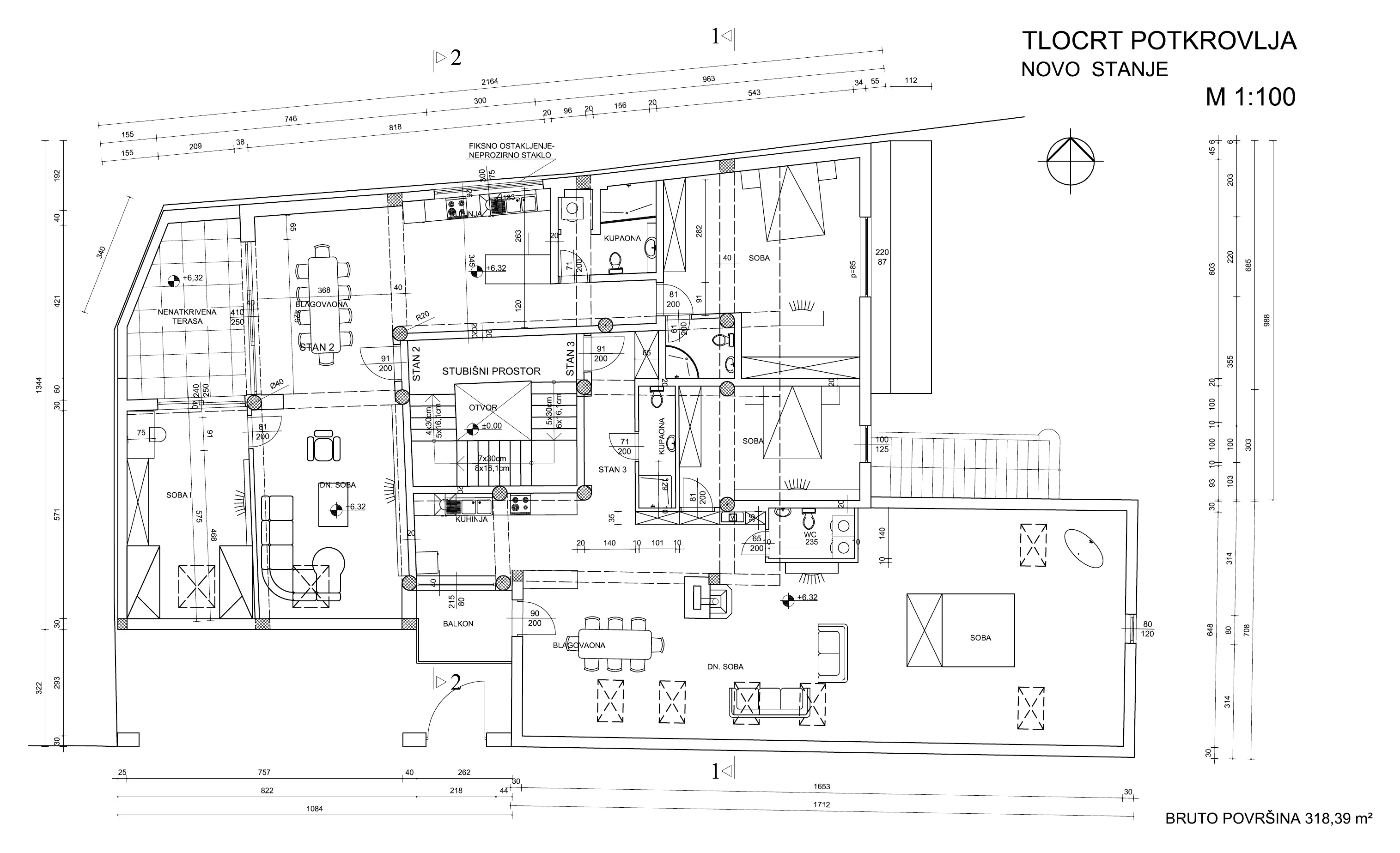 Tlocrt potkrovlja, stambeno-poslovna zgrada u centru Varaždina