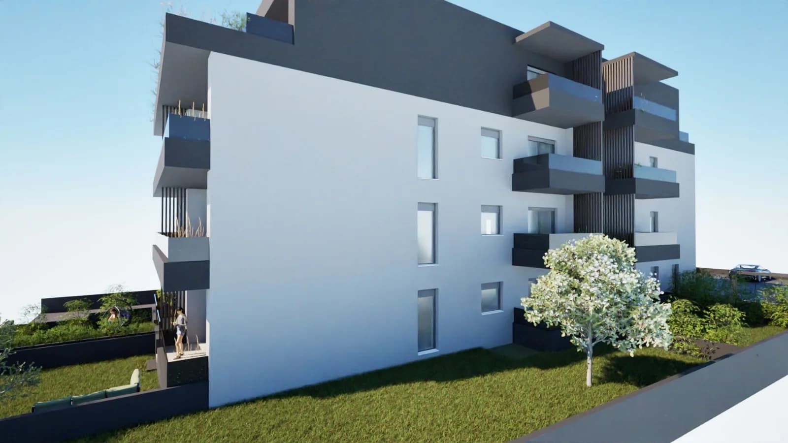 Vizualizacija bočnog pročelja zgrade s travnjakom, Projekt Kućan u Varaždinu