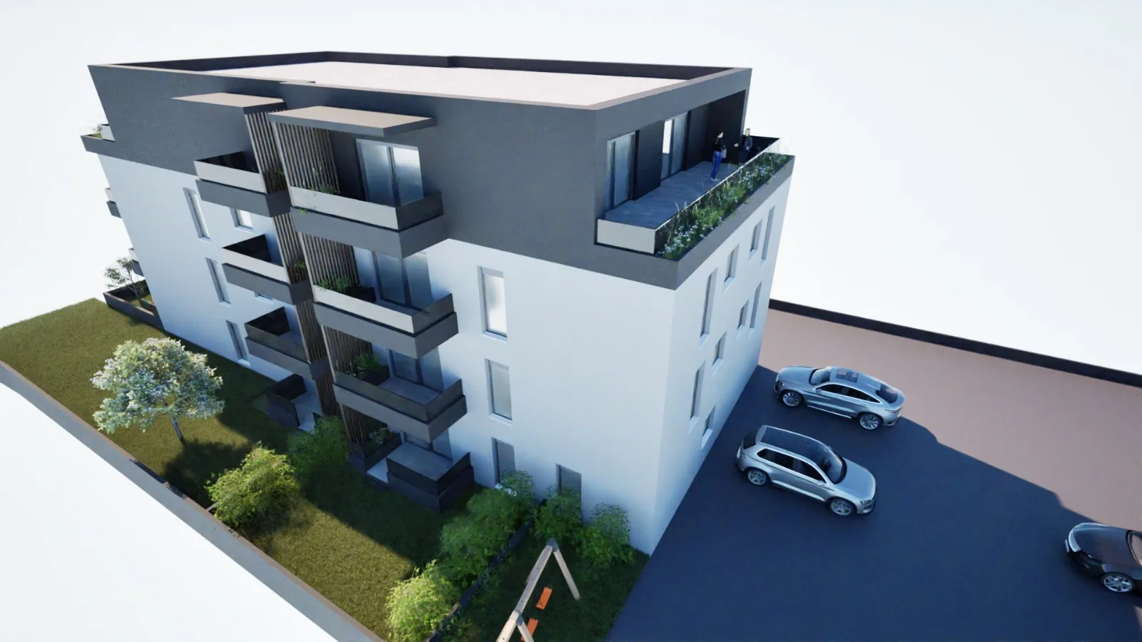 Vizualizacija dvorišta s dječjim igralištem i travnjakom, Projekt Kućan u Varaždinu