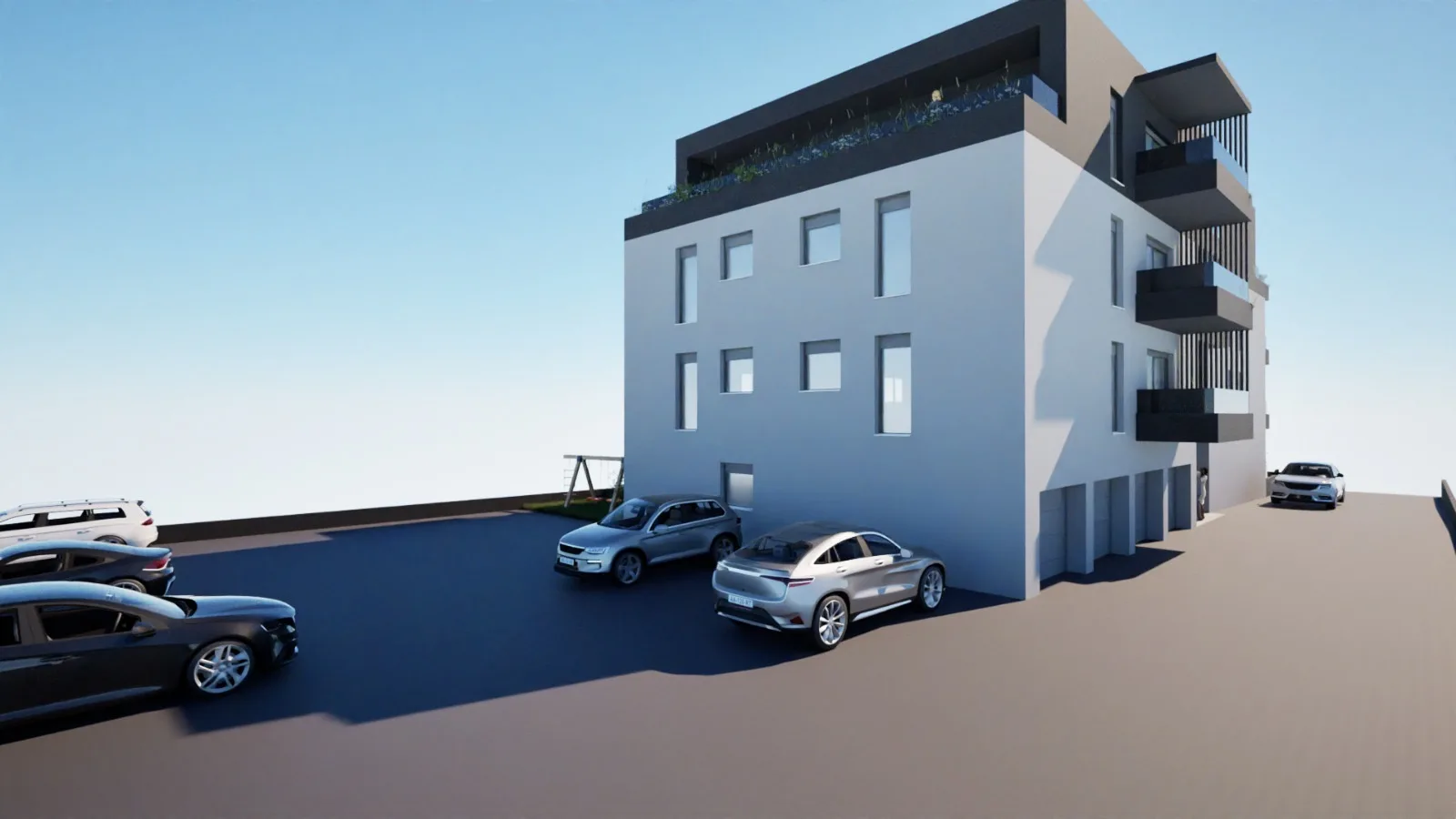Vizualizacija parkirališta ispred garaža u prizemlju, Projekt Kućan u Varaždinu