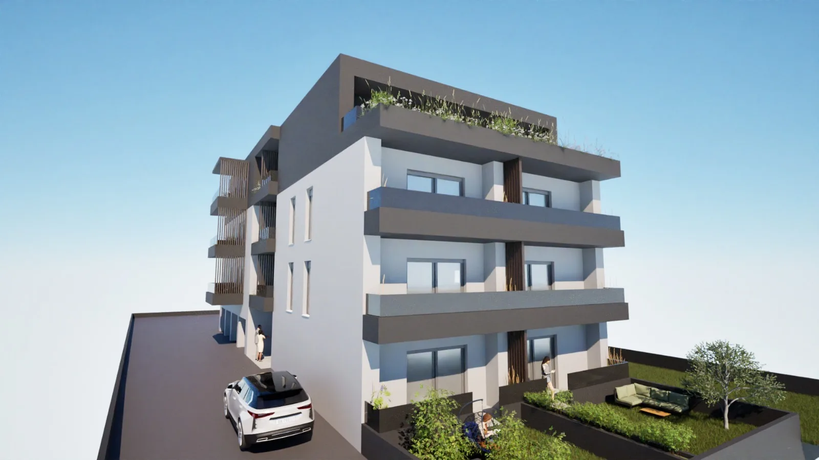 Vizualizacija pročelja s natkrivenim loggiama i krovnom terasom, Projekt Kućan u Varaždinu
