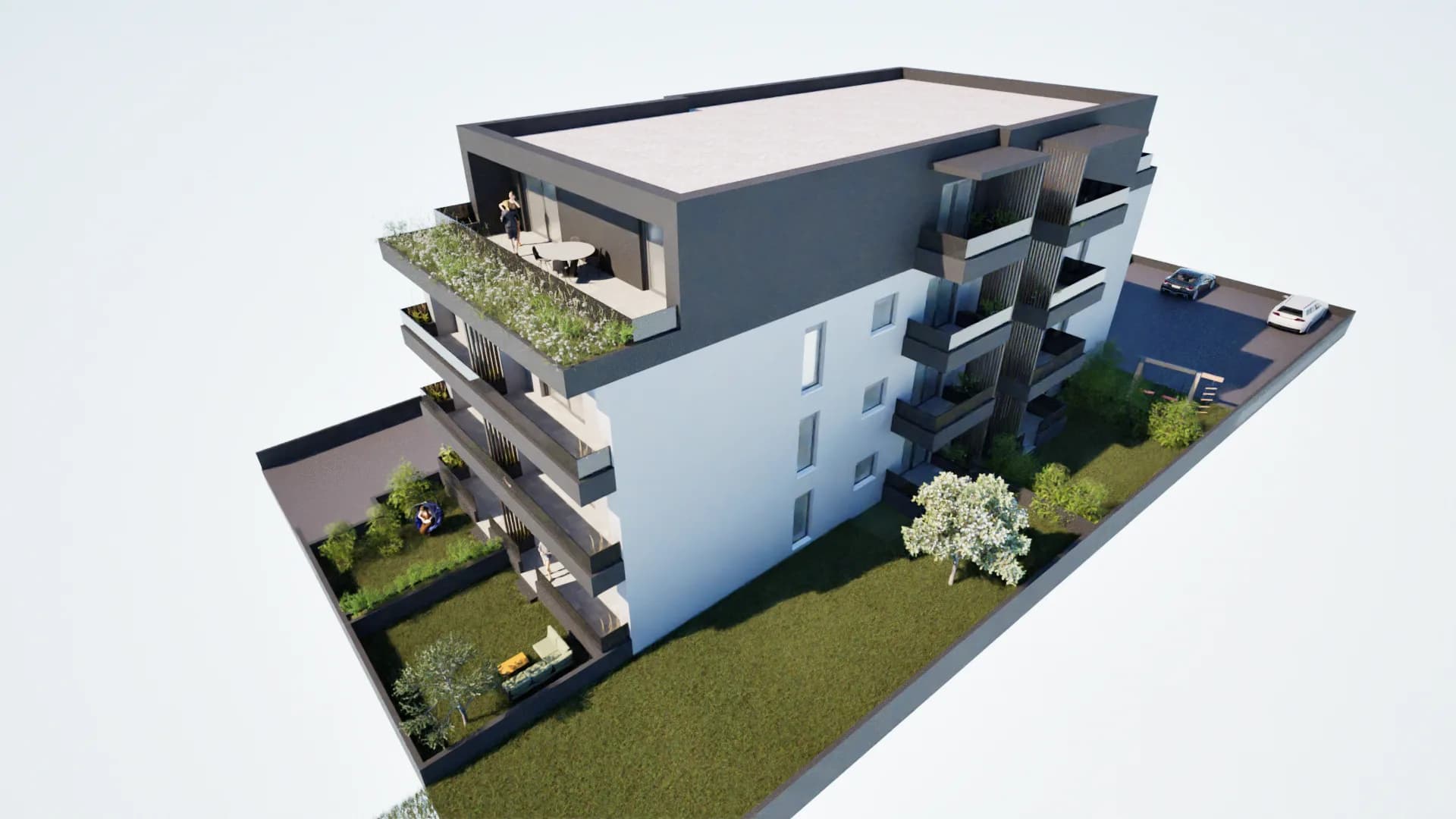 Vizualizacija dvorišta s parkiralištem i zelenim površinama, Projekt Kućan u Varaždinu
